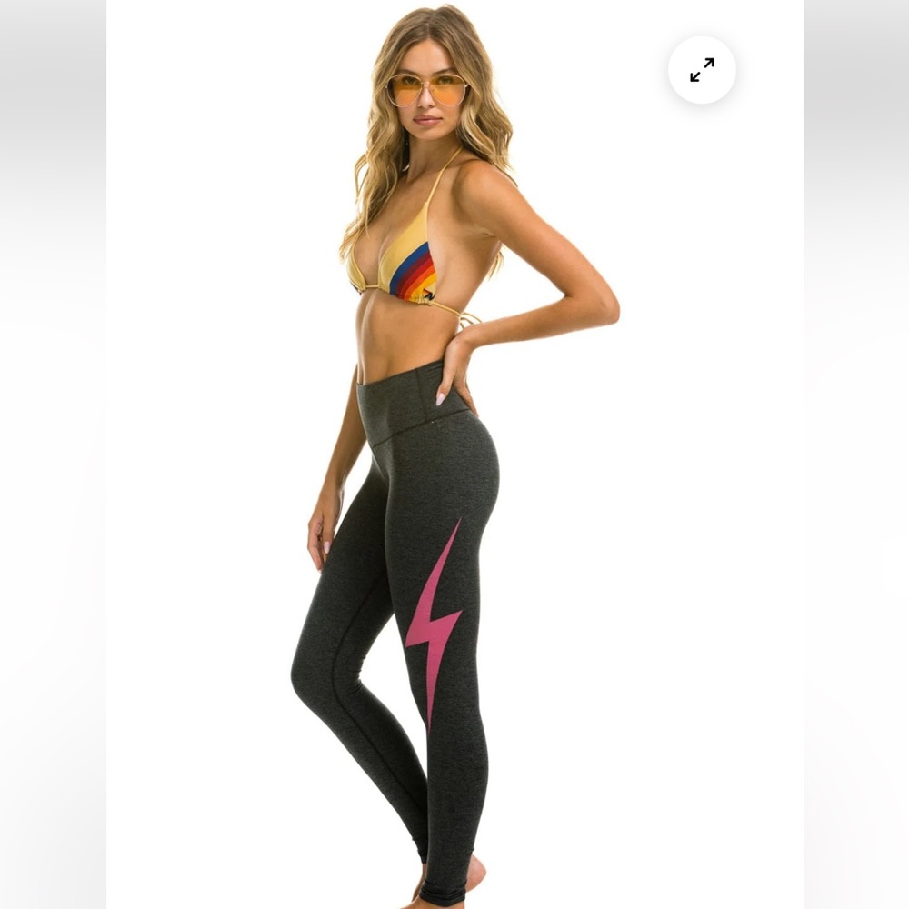 Aviator Nation FULL LENGTH HI-RISE BOLT LEGGINGS - CHARCOAL // NEON PINK size S